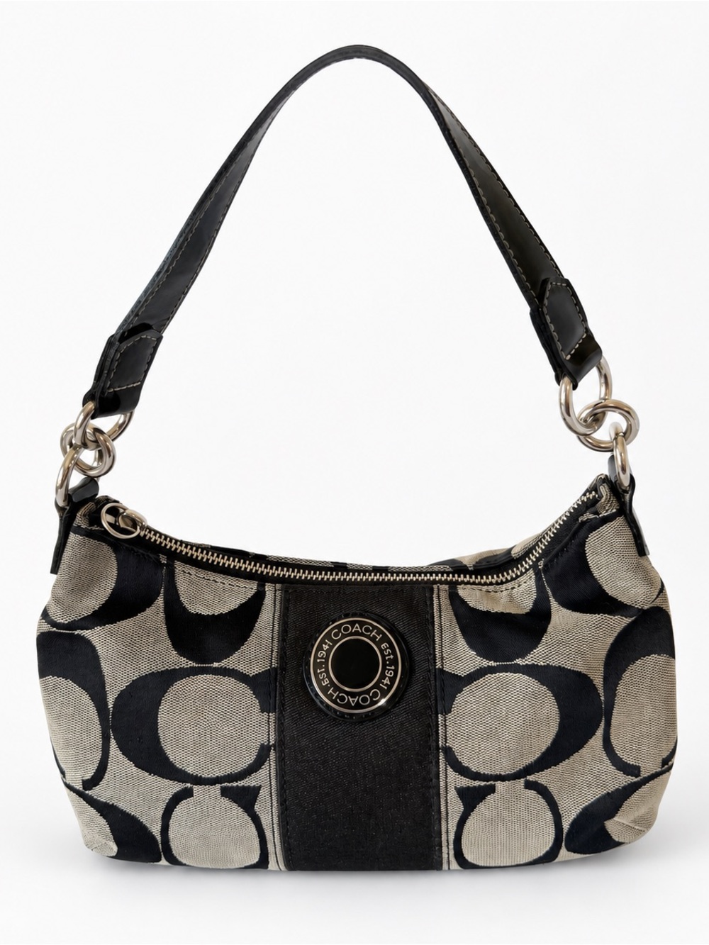 Coach F19218 Signature Jacquard Stripe Demi Hobo Shoulder Bag Black Gray Y2K EUC
